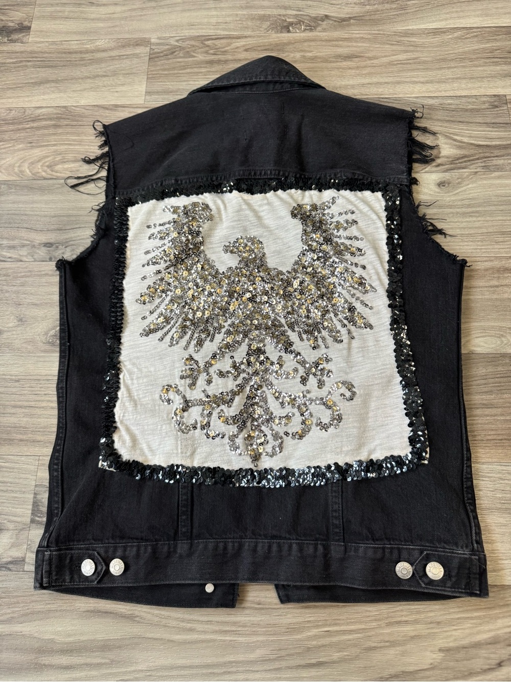 Madewell Upcycled Sequin Eagle Distressed Black Denim Vest